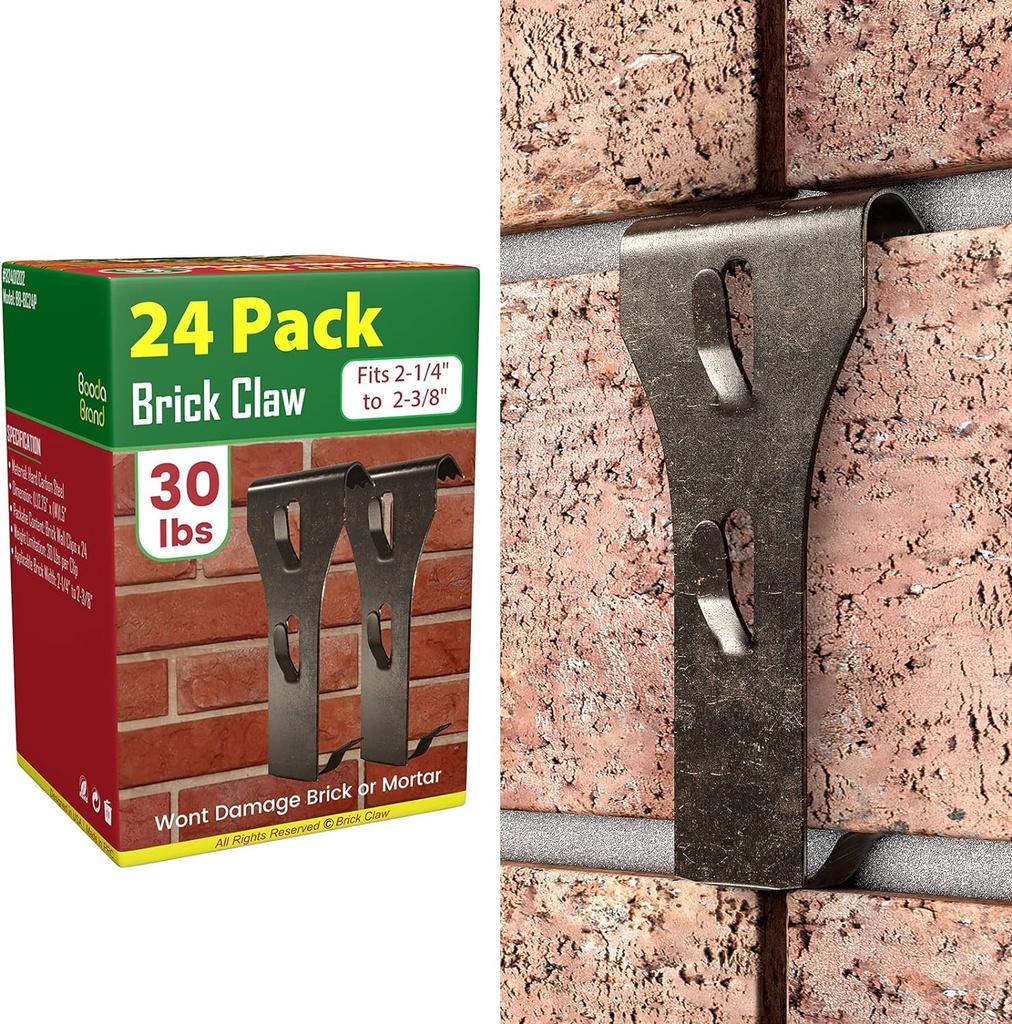 Brick Hook Clips for Hanging Outdoors, Brick Hangers for Brick Wall Hanging No Drill and Nails, Heavy Duty Brick Siding Clips Wall Hangers Fits Standard Brick 2-1/4" to 2-3/8" in Height (24, Standard)