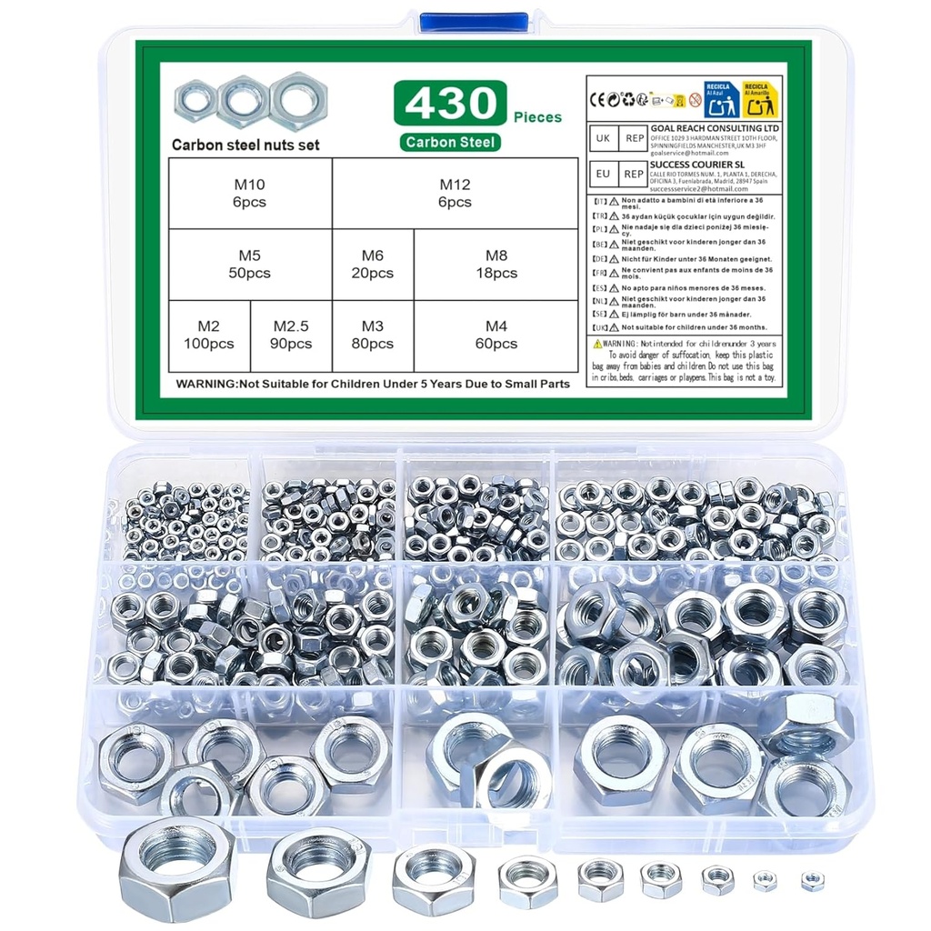 Metric Hex Nuts Assortment Kit, 430 Pcs Stainless Steel Hex Nuts Set, Hex Hardware Nuts, Coarse Thread Hexagon Nuts for Screw Bolts, M2 M2.5 M3 M4 M5 M6 M8 M10 M12