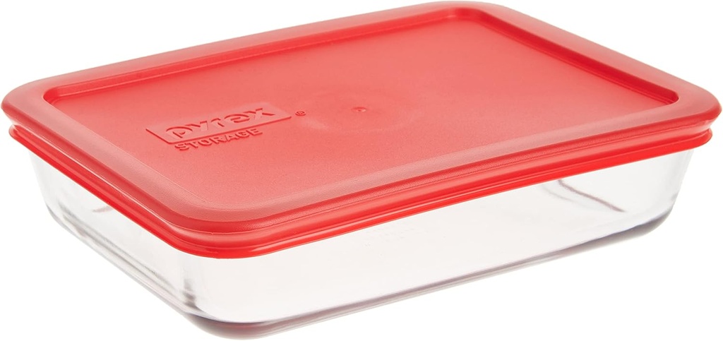 Pyrex 3-Cup Single Rectangular Glass Food Storage Container with Lid, Non-Toxic, BPA-Free Lid, Tempered Non-Pourous Glass, Microwave, Dishwasher, Freezer and Oven Safe, Red
