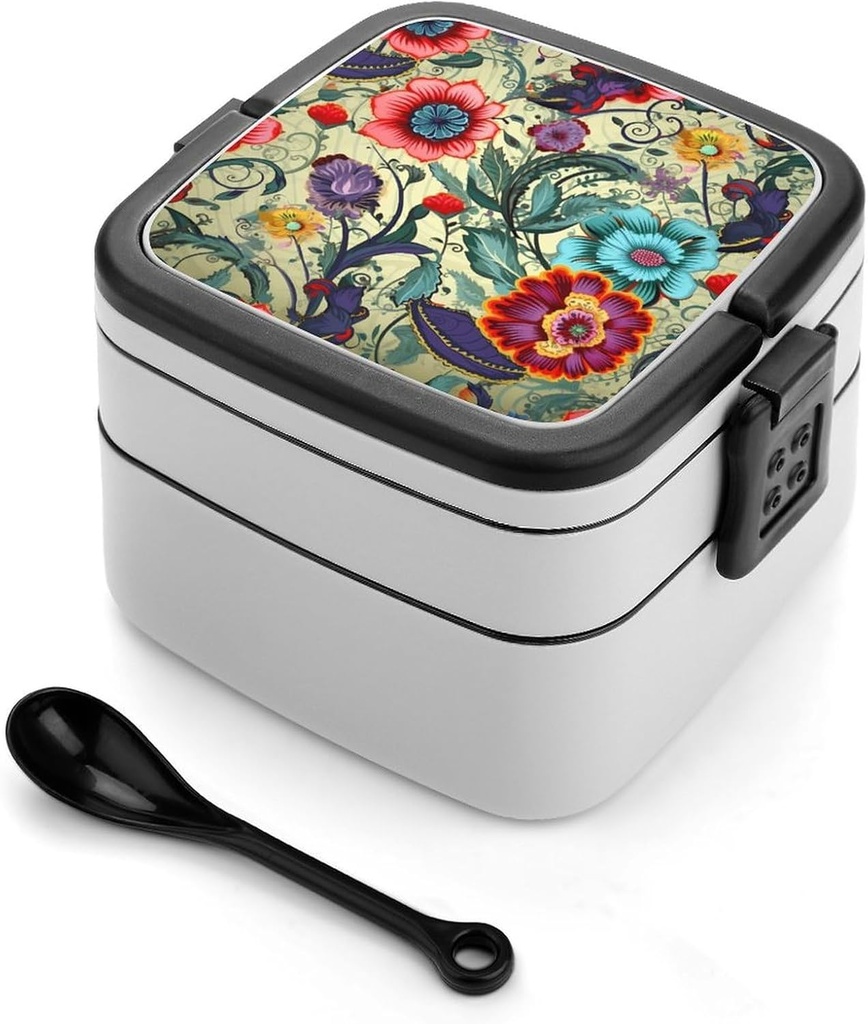 Floral Pattern Bento Box Adult Lunch Box All-in-One Lunch Containers with Removable Compartments Double Layer Bento Lunch Box with Spoon And Handle Stackable Lunchbox