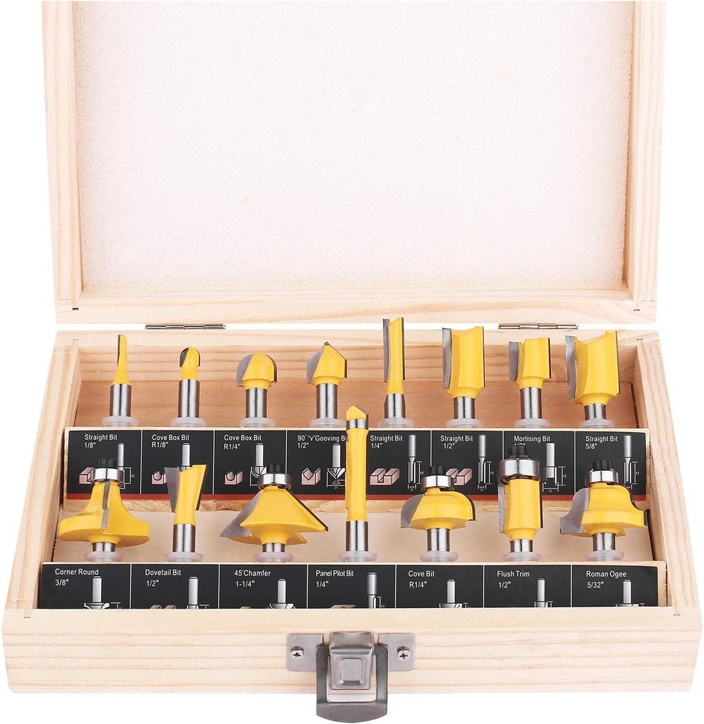 KOWOOD Router Bits Set of 15 Pieces 1/4 Inch Woodwork Tools for Beginners