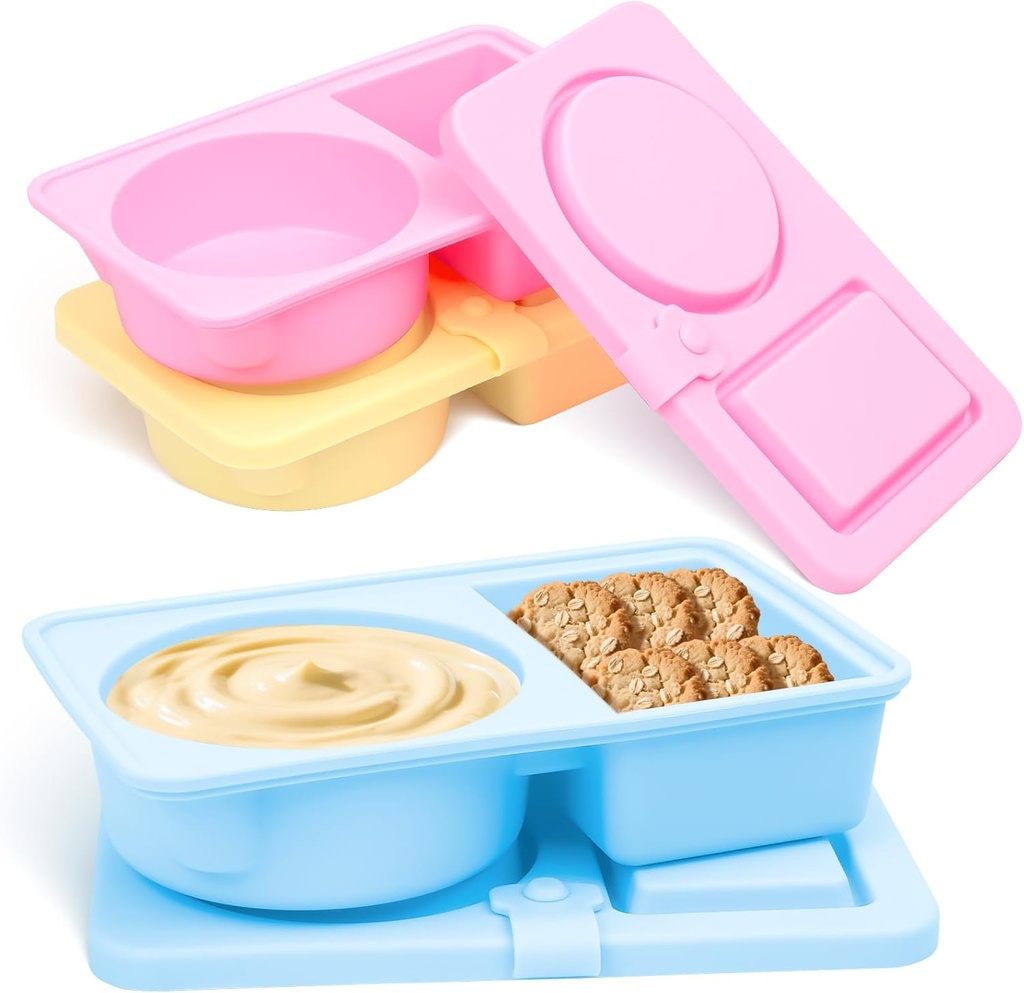 3 Pack Silicone Reusable Snack Containers with Lids, Cute Double Compartment Snackle Box Containersfor Dips Salad Condiment, Small Food Snack Case for Travel, School, Picnics