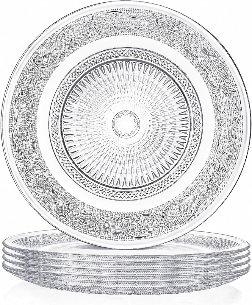Elsjoy 6 Pack 10 Inch Large Glass Dinner Plate, Clear Round Serving Plate Vintage Embossed Dinnerware for Salad, Pasta, Fruits