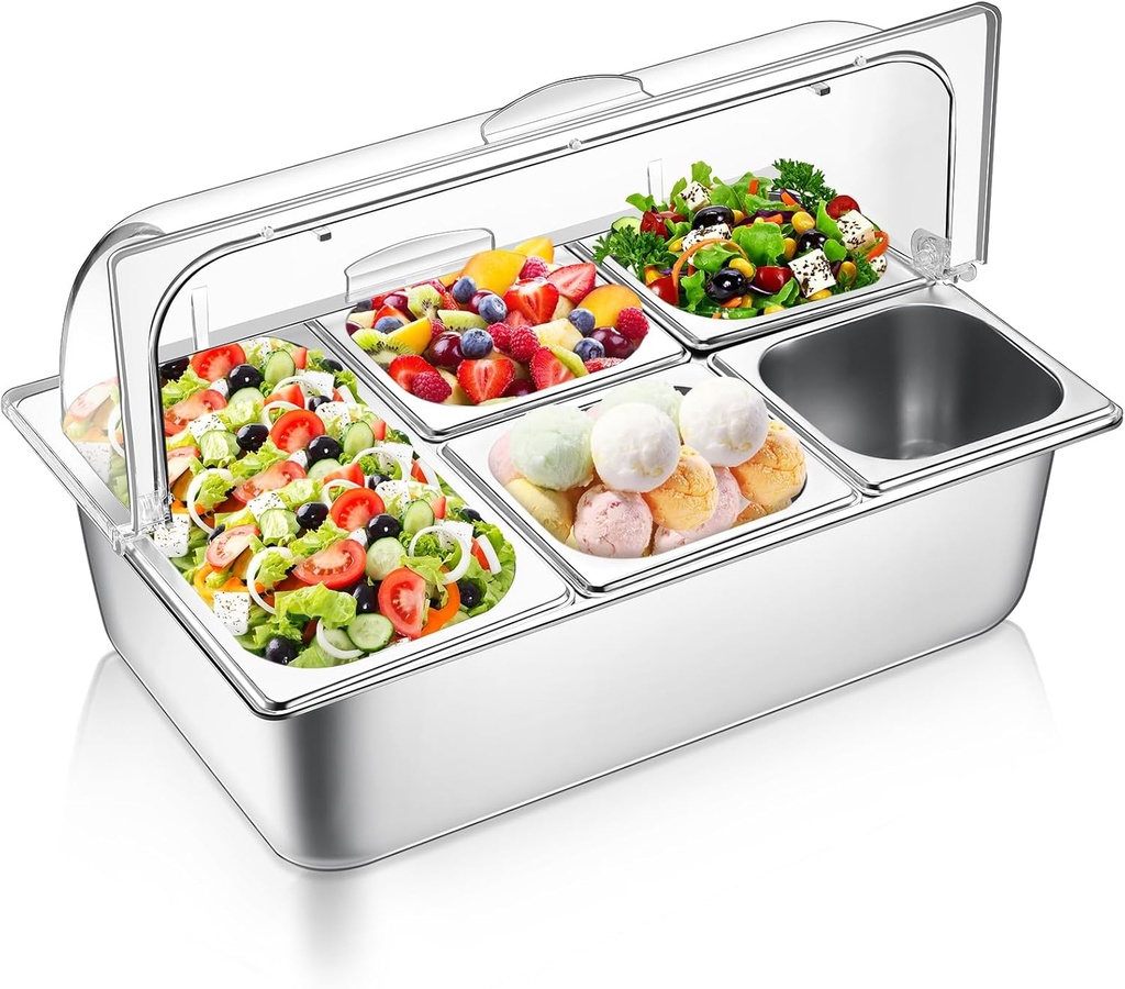 Countertop Food Serving Display Container and Clear Roll Top Cover Stainless Steel Food Serving Tray Buffet Condiment Dispenser Display Rack for Restaurant Hotel Kitchen Party (5 Pan)