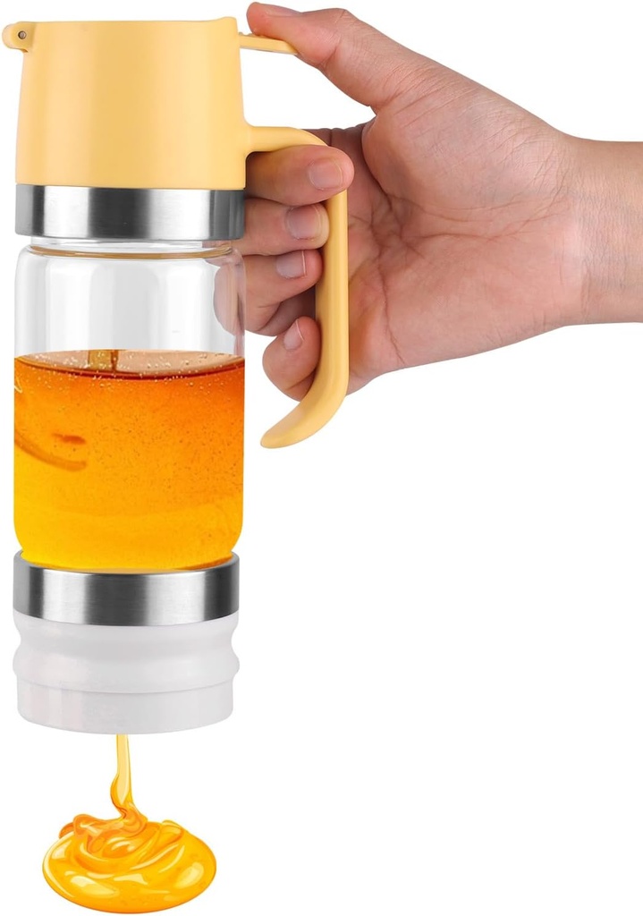 Honey Dispenser, Anti Drip Glass Honey Dispenser with Base 10oz Glass Honey Jar with Handle Syrup Dispenser Honey Container for Honey Syrup Coffee Tea (Yellow)