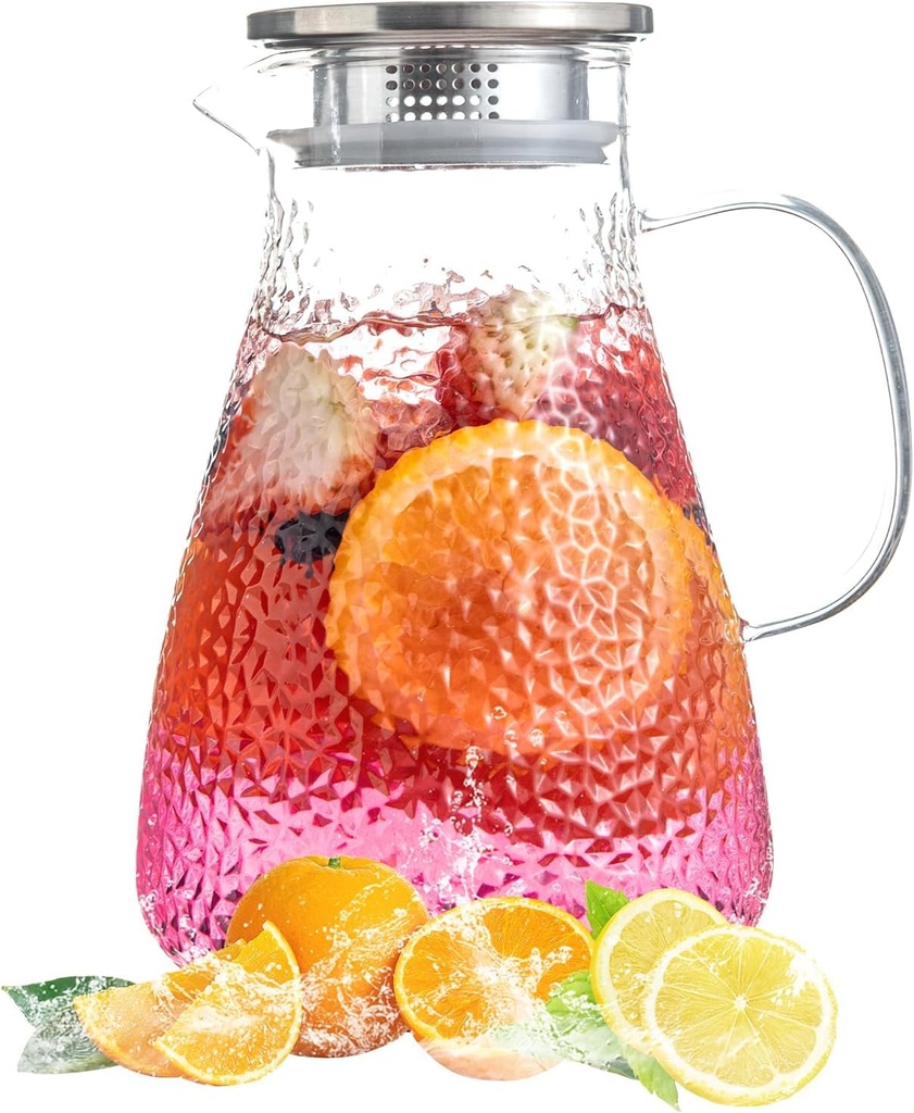 2.0 Liter 68 oz Glass Pitcher with Lid and Spout, Glass Carafe for Hot/Cold Water, Large Iced Tea Pitcher for Coffee, Milk,Juice and Homemade Beverage,Iced Coffee, and Container for Drinks