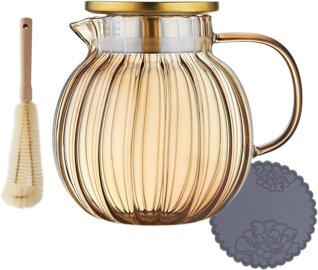 Glass Pitcher with Lid for Fridge, 46 oz Pumpkin Glass Pitcher with Lid and Spout, Glass Carafe for Hot/Cold Water, Iced Tea Pitcher, Large Pitcher for Coffee Juice Homemade Beverage, Brown