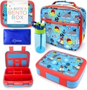 Bento Box with Insulated Lunch Bag, Ice Pack & Water Bottle Set for Kids - 5 Compartments Removable Tray Lunches or Snack Container Boys Toddlers Daycare Pre-School, Blue Pirates