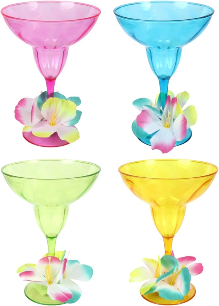 JF- Plastic Margarita Glasses w/Hibiscus Flowers (Set of 4) Reusable Shatterproof Stemmed Champagne Cups for Summer Wedding Picnic Cinco De Mayo Hawaiian Luau Carnivals Mexican Theme Party Supplies