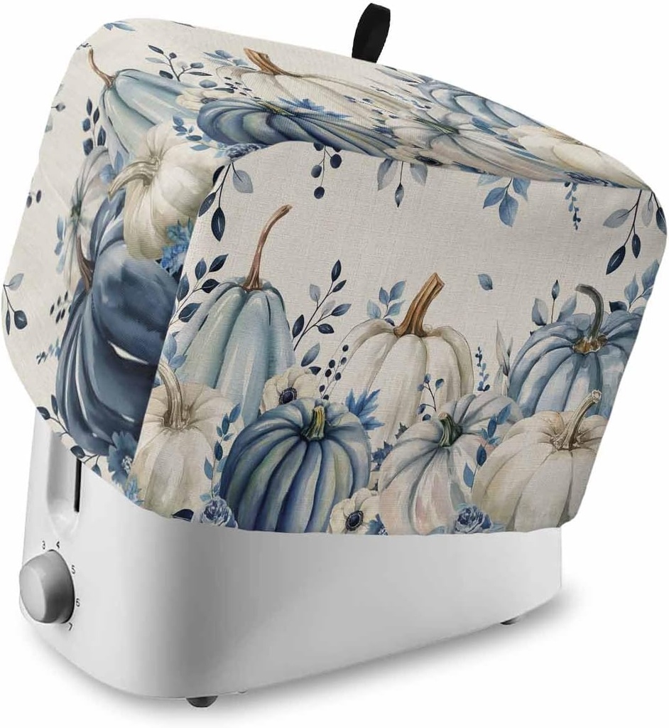 Vintage Fall Blue Toaster Cover 2 Slice, Small Kitchen Appliance Covers, Thanksgiving Botanical Pumpkins Rustic Toaster Oven Cover with Loop, Bread Machine Dust Covers Protection