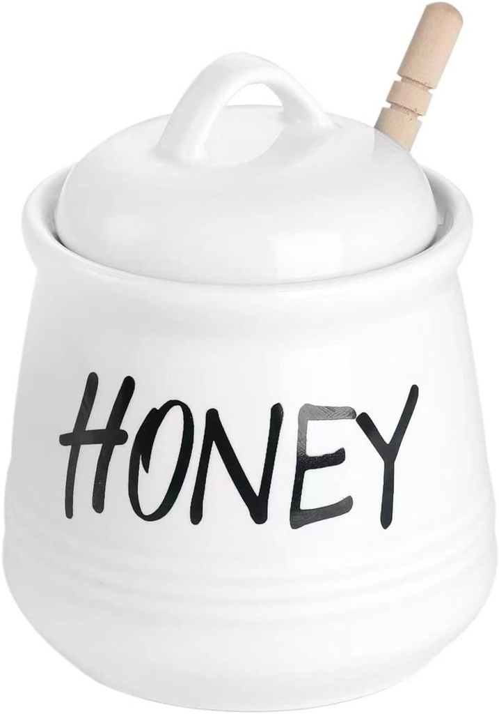 HAOTOP Porcelain Small Honey Jar with Lid and Honey Dipper 12oz (White)