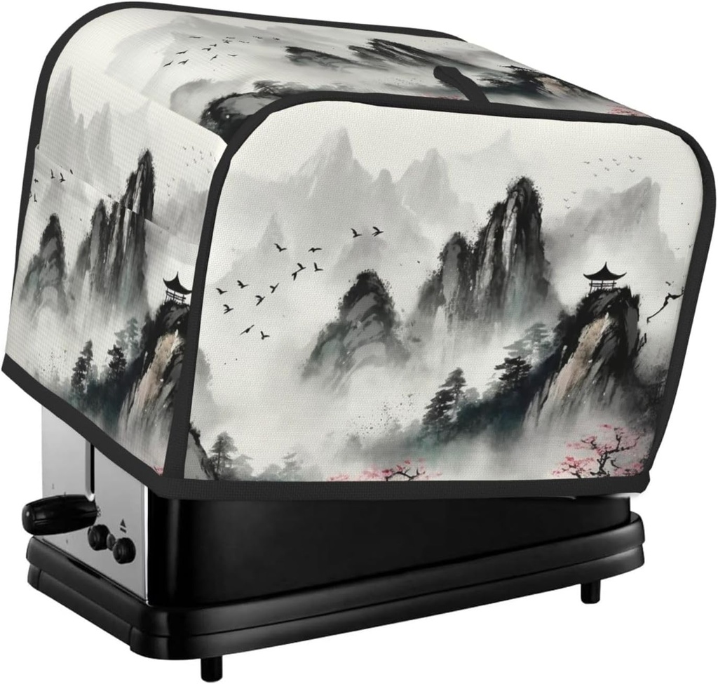 Ink Painting Style Mountain Toaster Cover 2 Slice, Waterproof Bread Machine Covers with Pockets Universal Size Kitchen Small Appliance Cover with Handle, Dust and Fingerprint Protection