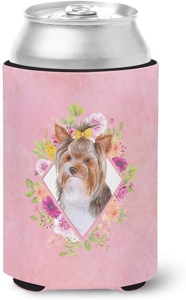 Caroline's Treasures CK4194CC Yorkshire Terrier #1 Pink Flowers Can or Bottle Hugger Cooler Washable Drink Sleeve Collapsible Beverage Insulated Holder, Can Hugger, Multicolor
