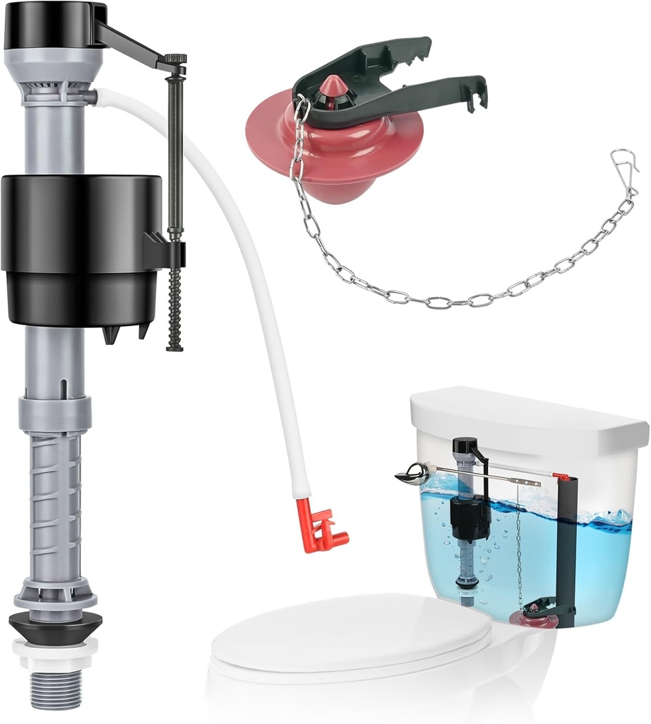 Universal Toilet Flusher Replacement Kit, Water-Saving & Height Adjustable Fill Valve, 2-Inch Flapper, Quiet & Anti-Siphon Toilet Repair Kit Inside Tank, Easy to Install (Red, 1-Pack)