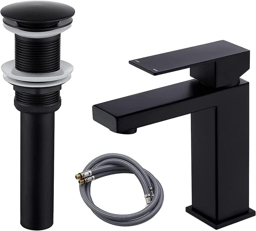KES Black Lavatory cUPC Certified Bathroom Faucet Single Handle Type Bathroom Sink Drain Without Overflow Matte Black, L3156ALF-BK+S2008D-BK-TEM
