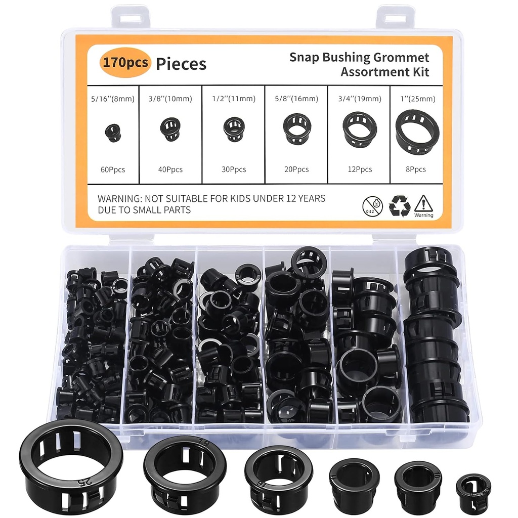 170 Pcs Cable Snap Bushing Grommets, Black Round Nylon Snap in Cable Grommet Protector, 5/16" 3/8" 1/2" 5/8" 3/4" 1" Cable Snap Hole Plugs Locking Bushing Assortment Kit