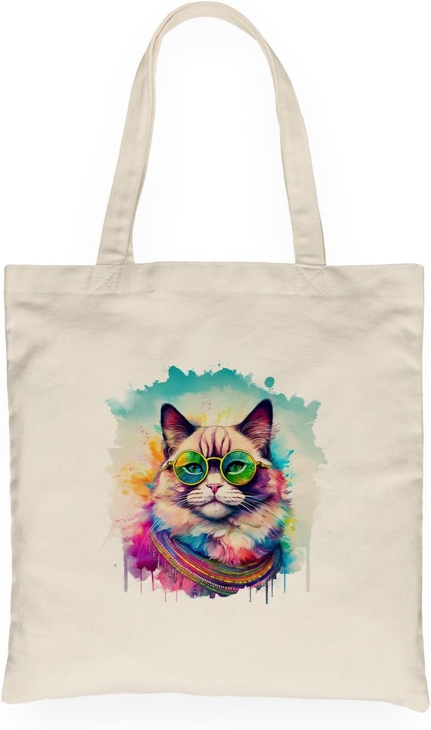 Hippie Cat Portrait Oil Painting Watercolor Tie-dye Vintage Canvas Tote Bag