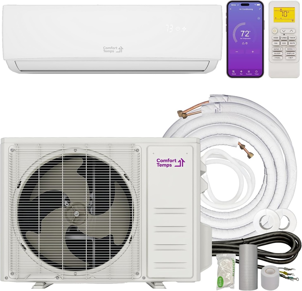 Energy-Saving 18000 BTU / 220V Mini Split AC/Heating System – 21 SEER, Pre-Charged, Quiet & Comfortable Mini Split with WiFi & Complete Easy Install Kit (Elite Series by Comfort Temps)