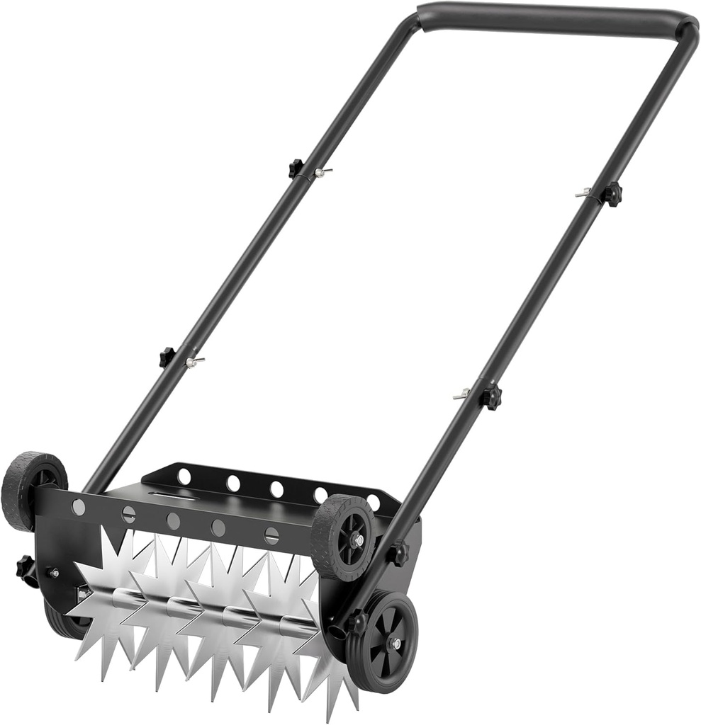 18-Inch Lawn Aerator,Heavy Duty Push Spike Aerator with 4 Wheels,Aerator Lawn Tool with Steel Handle, Manual Aerator Lawn Tool with Foam Armrests, Suitable for Lawn, Garden and Yard