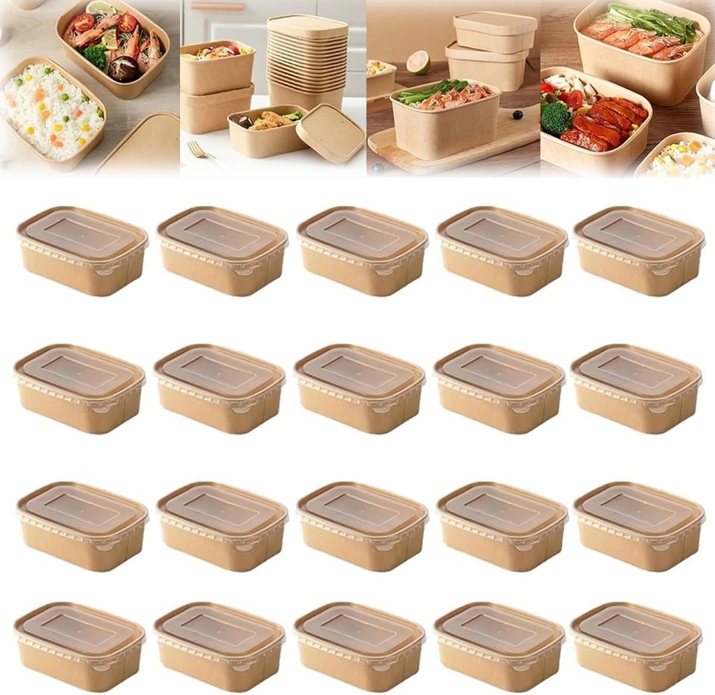 Brown Meal Prep Containers with Lids, Microwavable Meal Prep Containers, Reusable Freezer Meal Prep Containers, Rectangle Food Kraft Paper Bowls with Lids, Bento Box, Ramen Bowls(34oz,20pcs)
