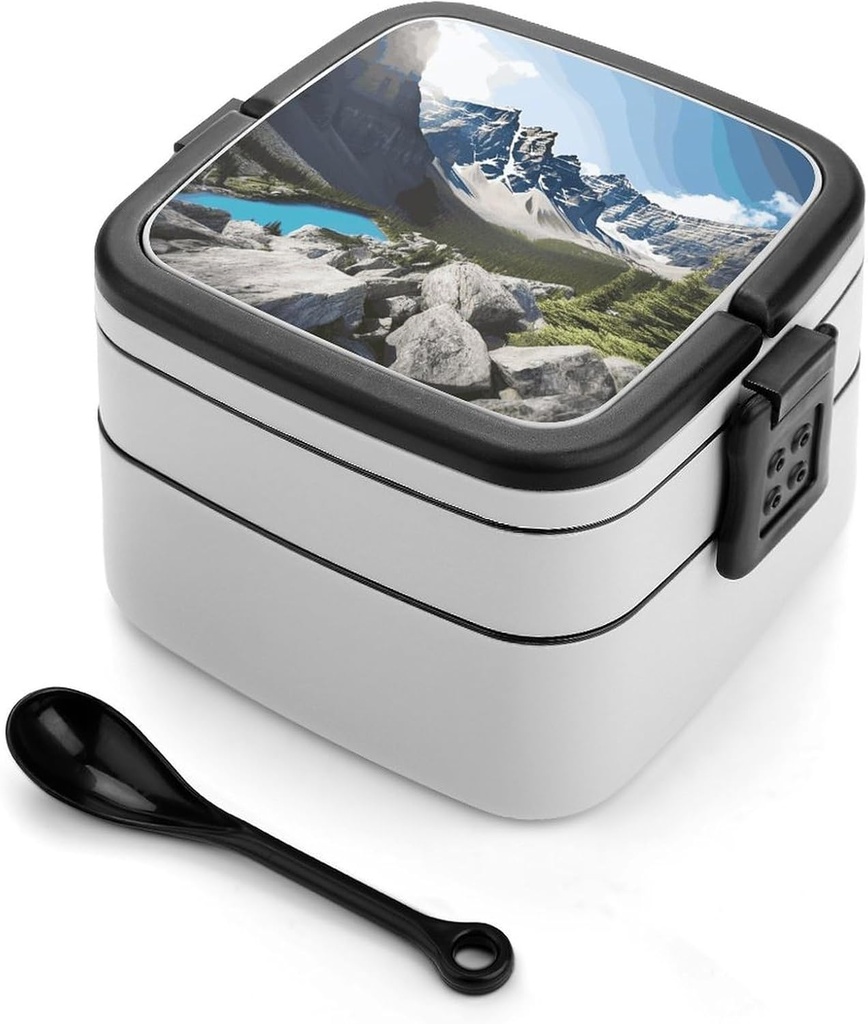 Mountains Bento Box, Reusable Double Layer Lunch Box with Handle & Dividers, 1000ml Leakproof Lunch Container for Office, Picnic, Travel