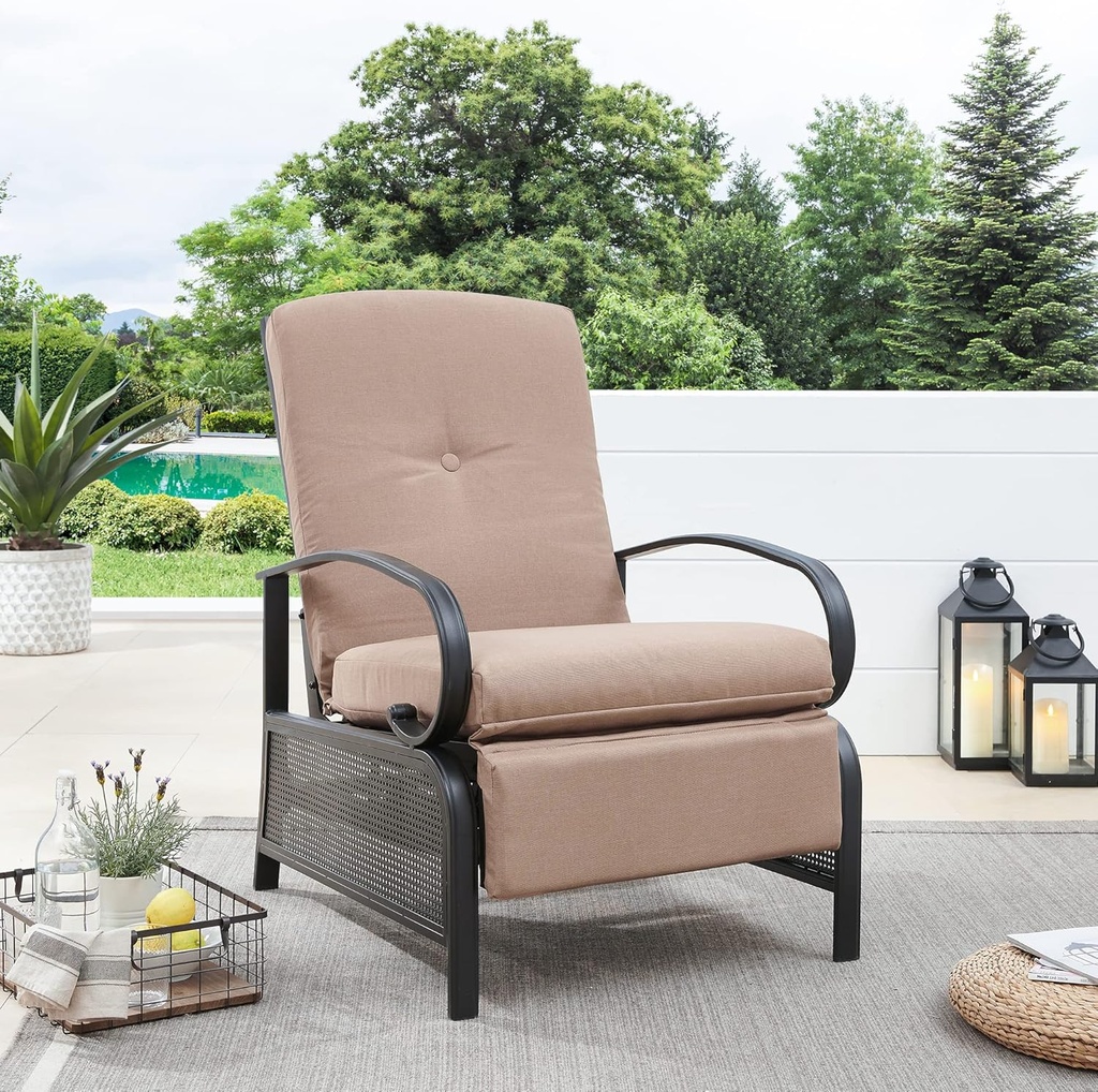 Ulax Furniture Patio Recliner Chair Automatic Adjustable Back Outdoor Lounge Recliner Chair with 100% Olefin Cushion (Beige)