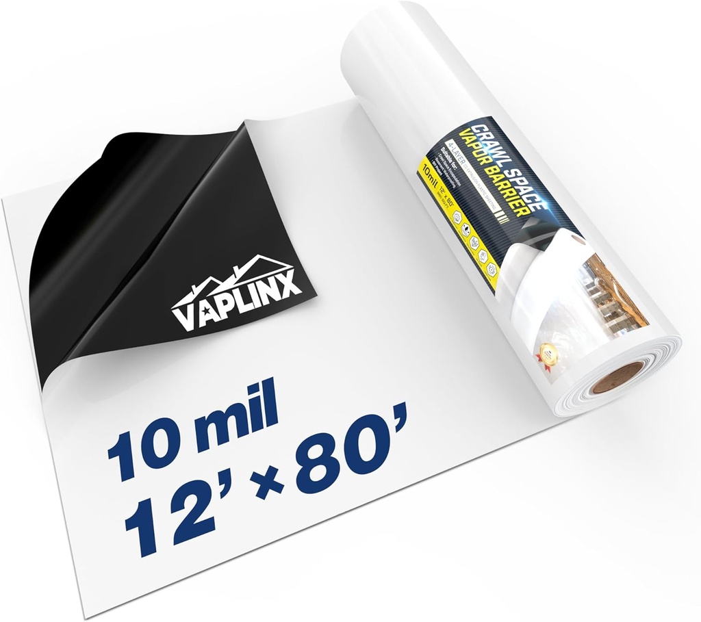Crawl Space Vapor Barrier, 10 Mil Vapor Barrier, 12' x 80', Drop Cloth Moisture Barrier Covering for Crawlspace Encapsulation, Thick Plastic Sheeting, Polyethylene Film, Black and White Panda Film