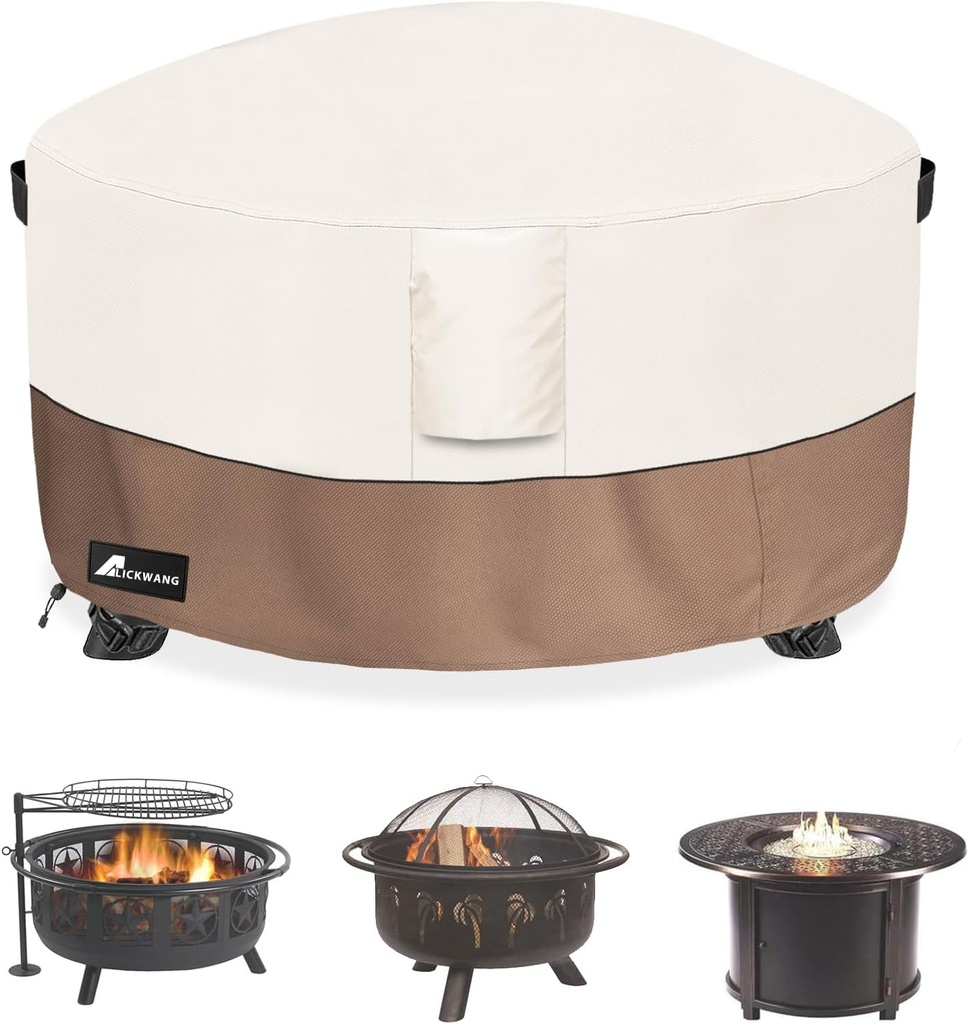 Fire Pit Cover Round 44Inch Waterproof,Outdoor Heavy Duty Durable 600D Tear-Resistant Fire Pit Table Cover,Patio Round Firepit Cover 44" D x 24" H, Beige