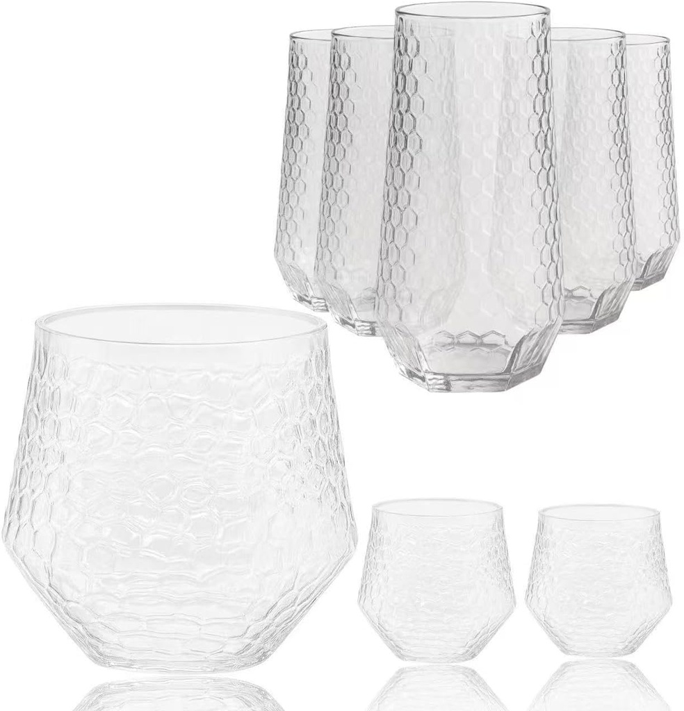 48 Pack Ribbed Origami Ripple Plastic Glasses 24 9oz Stemless Champagne Flutes & 24 12oz Cups BPA-Free, Disposable, Shatterproof Drinkware for Weddings, Bars, Events (Hammered Diamond Clear)