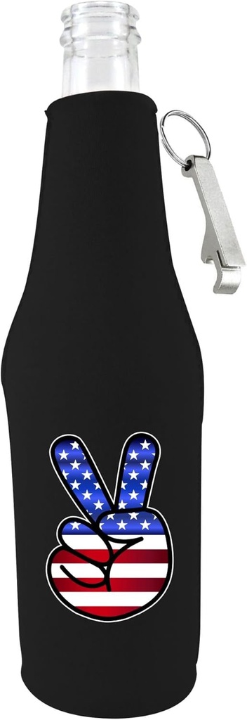 America Peace Sign Beer Bottle Coolie With Opener (Black)