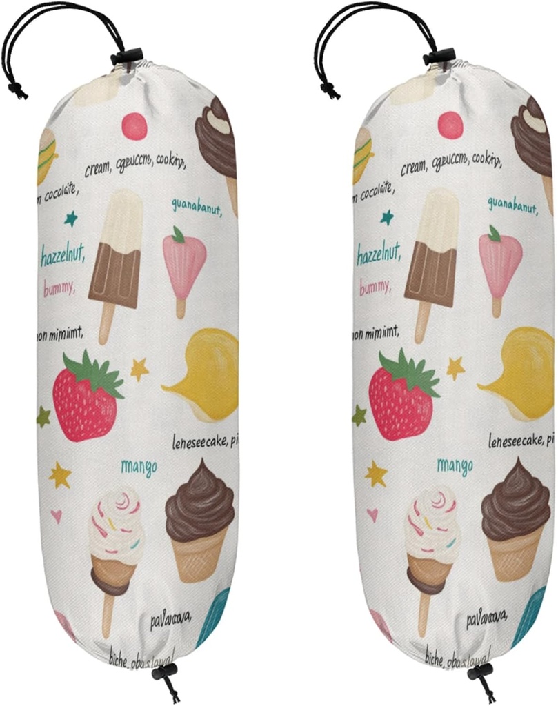 2 Pcs Ice Cream Popsicles Plastic Bag Holder Strawberry Cake Grocery Bag Storage Dispenser Washable Hanging Shopping Bags Carrier Wall Mount Trash Bag Organizer for Kitchen Pantry