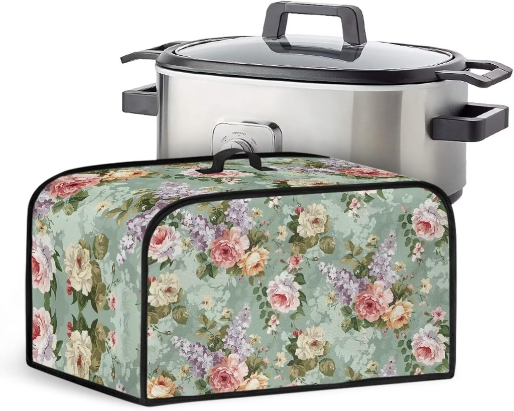 Flowers Oval Crock Pot Cover Practical Slow Cooker Dust Cover Mesh Pocket with Accessory Organizer Small Appliances Accessories Fits Most Slow Cookers Decoration Accessories