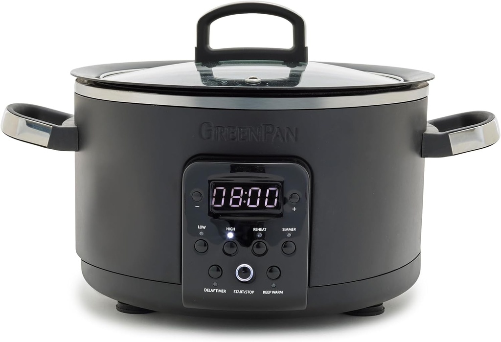 GreenPan 6-in-1 4QT Electric Ceramic Slow Cooker with Glass Lid, Multifunction Presets, Hard Anodized PFAS-Free Removeable Nonstick Crock, Dishwasher Safe, Auto Warm, Delay Timer, Stews, Reheat, Black