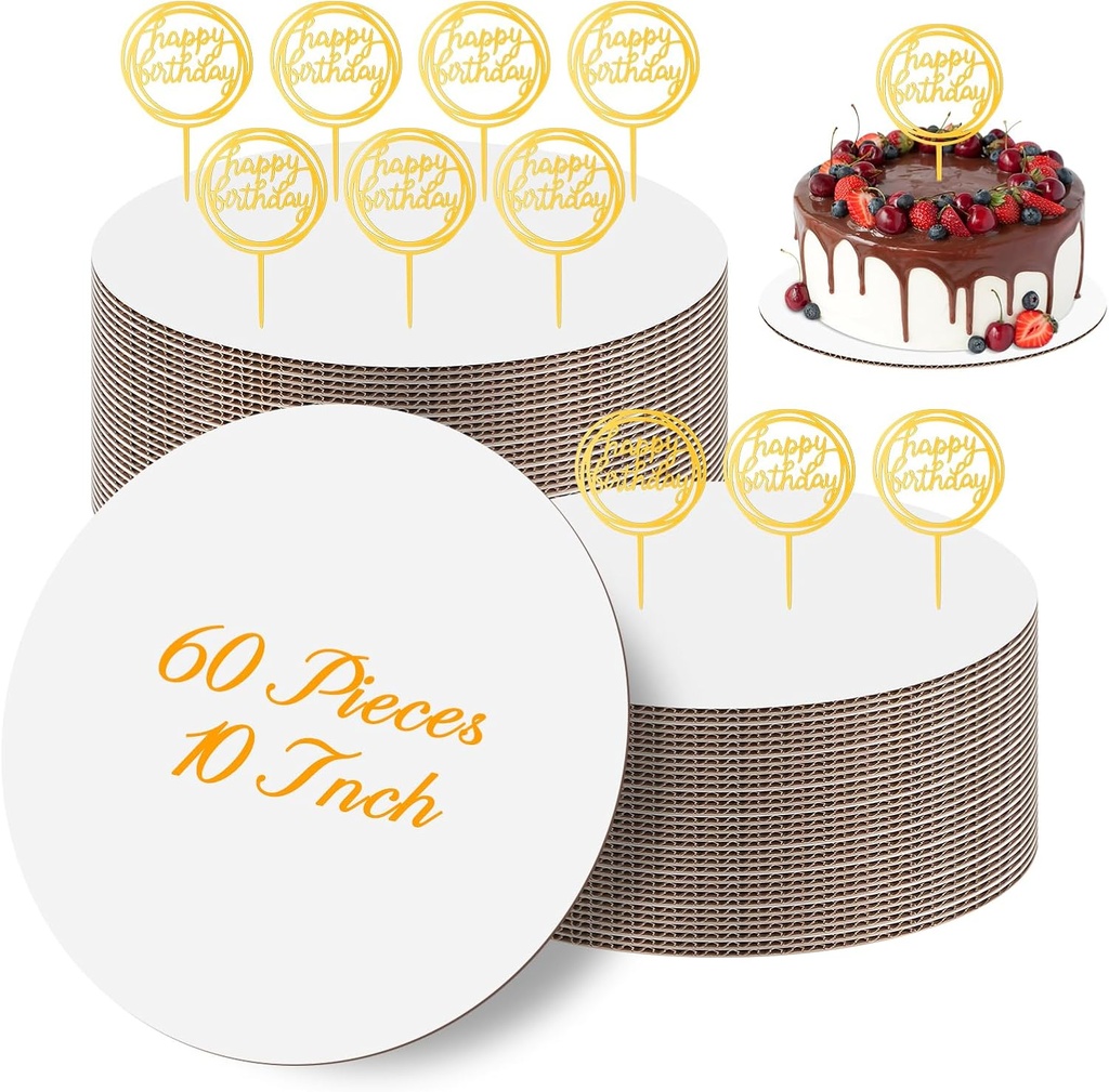 60 Pcs White Cake Boards Round 10 Inch Cardboard Cake Boards, Disposable Cake Plates Food Grade Waterproof and Oil Proof Cake Tray for Baking Dessert Cake DIY with 10 Pcs Happy Birthday Cake Topper