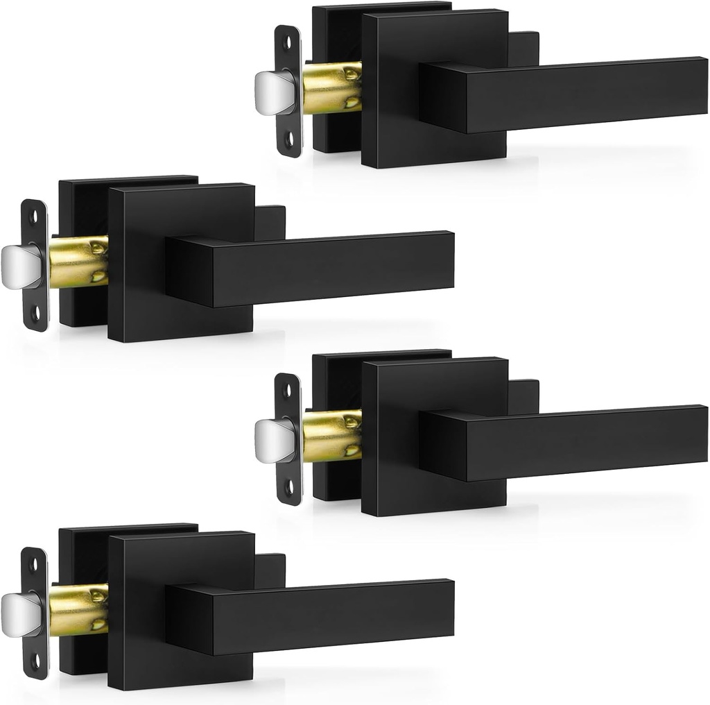 4 Pack Black Door Handles Interior, Passage Door Levers for Hallway&Closet, Interior Closet Door Knobs Heavy Duty Square Non-Locking Handlesets(2.0lb), Reversible for Left&Right Sided Doors
