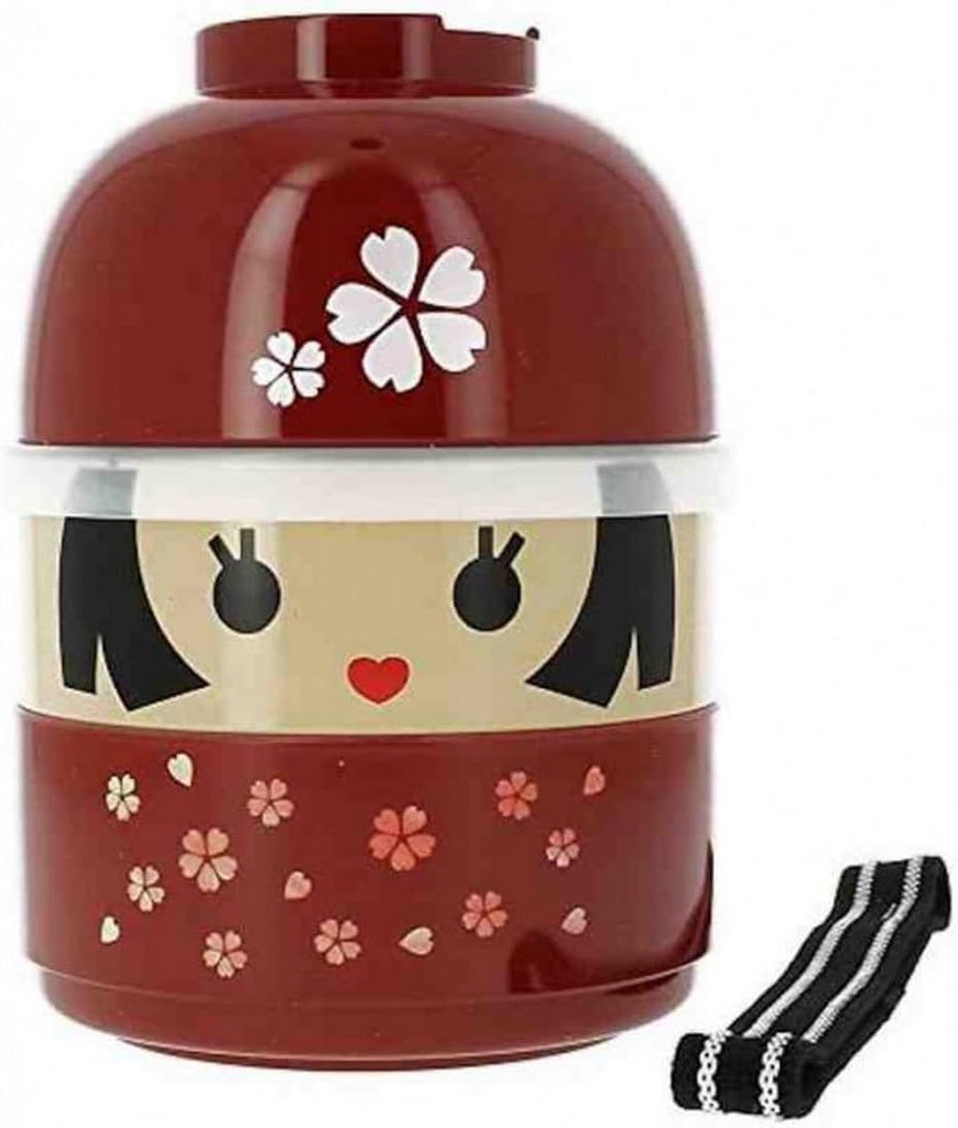 JapanBargain 3373, Japanese Cute Kokeshi Doll Lunch Box Bento Box, Red Kokeshi Geisha Doll with Sakura Pattern, Made in Japan