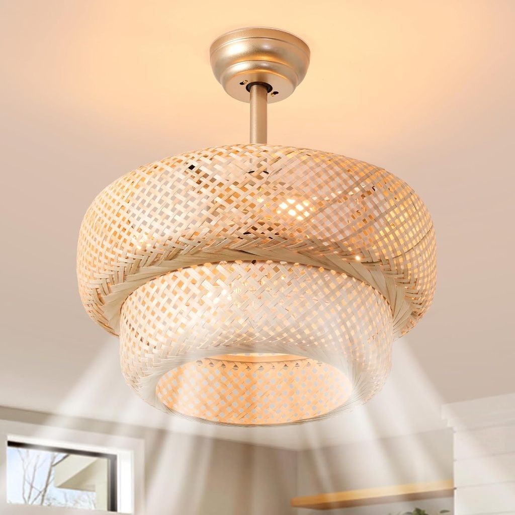 Bamboo Fandelier Ceiling Fans with Light 18.9" Boho Rattan Caged Ceiling Fan Light Fixture Wicker Chandelier Fan and Remote for Bedroom Dining Room Kitchen Nursery Living Room, E26 Base