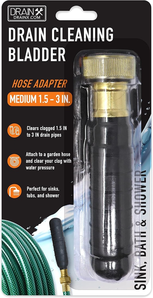 DrainX Hydro Pressure Drain Cleaning Bladder - Fits 1.5" to 3" Drain Pipes - Unclogs Stubborn Blockages in Bathroom Sinks, Shower Drains, Bathtubs, Plumbing Pipes