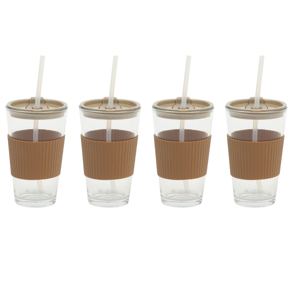Mr. Coffee Sip Savvy 4-Pack 15oz Latte Brown Glass Tumblers with Lids and Straws – Reusable Iced Coffee Cups – Dishwasher Safe – To-Go Drinkware Water Glasses