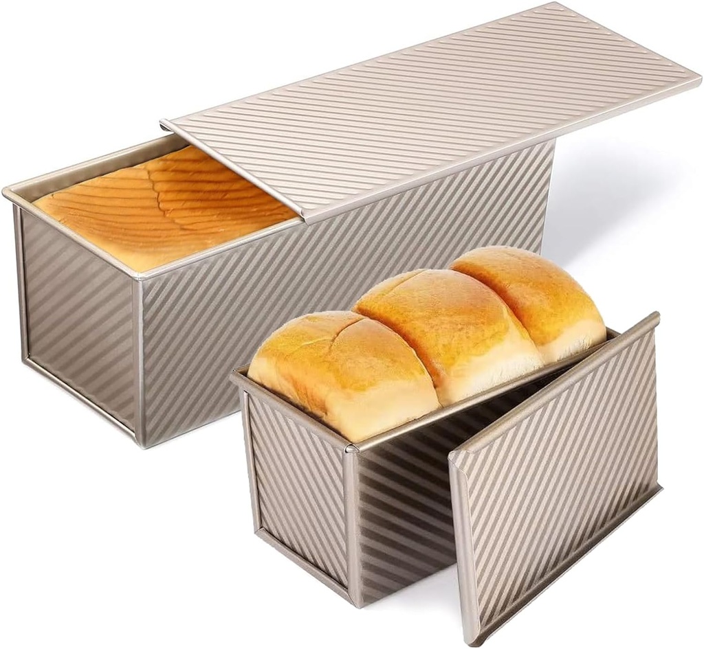 2 Pack Pullman Loaf Pan with Lid, 13x4 & 9x4 inch (2.2 lb & 1 lb Dough Capacity), Non-Stick Sandwich Bread Loaf Pan for Homemade Baking Bread, Gold