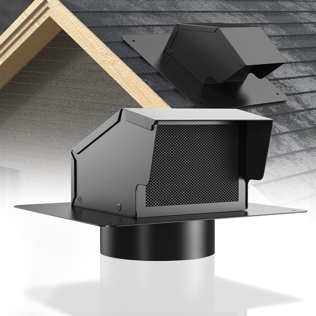 6 Inch Roof Vent Cap Bathroom Exhaust Roof Vent with Damper & Sealed Screen, Removable Ventilation System for Dryer with Bottom Extension Pipe, Black Surface Coating, Waterproof (6 inch)
