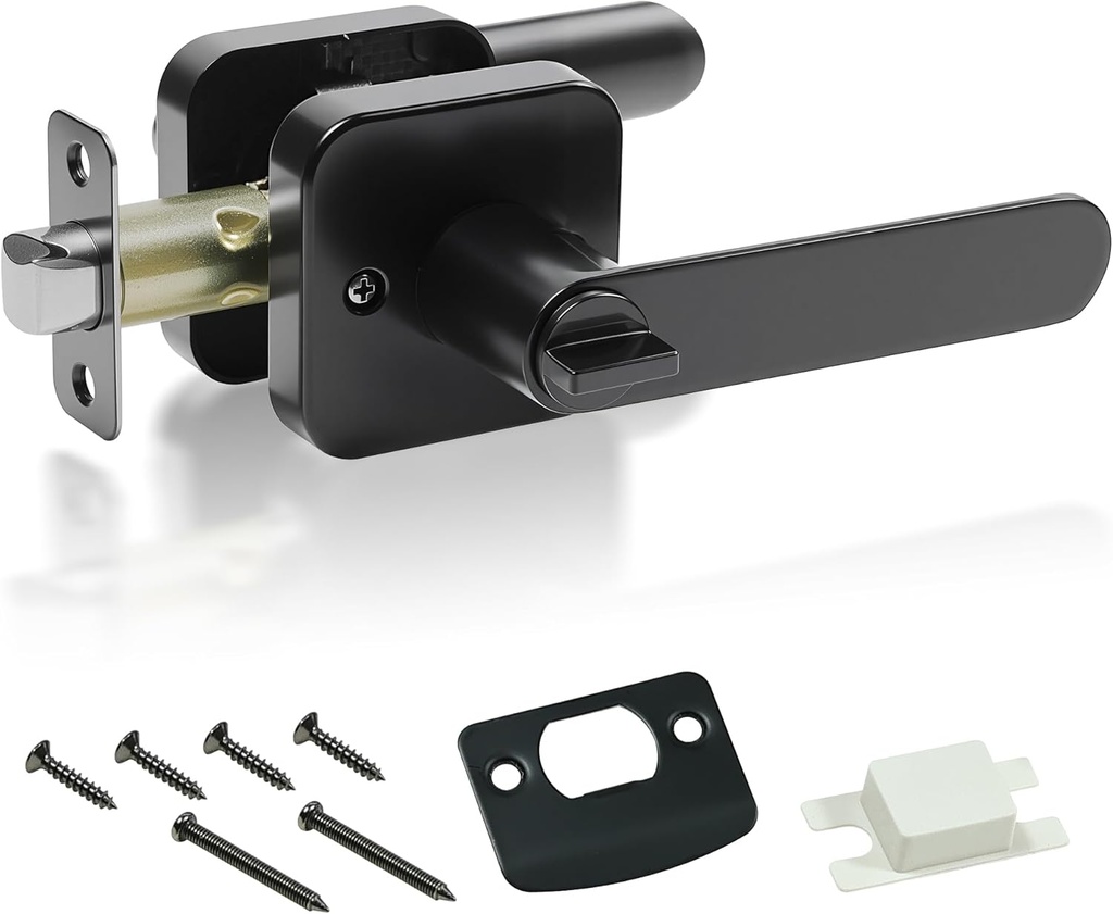 Black Interior Privacy Door Levers, Privacy Door Handle Set Moden Square Base Door Lock for Bedroom Bath, Reversible Keyless Turn Lock Round Corner Door Handles fit Left or Right Sided Door