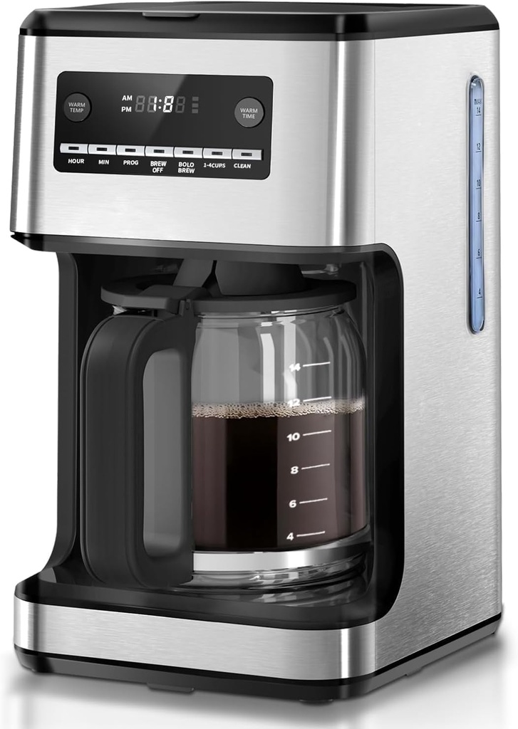 Kismile Coffee Maker, 14-Cup Programmable Drip Coffee Makers Machines with Timer, Reusable Filter & Keep Hot Plate, Auto Pause, Self-Cleaning, Stainless Steel