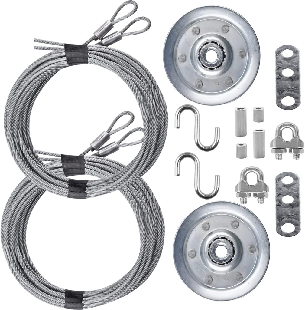 Garage Door Cable and Pulley Replacement Kit Including 4 Galvanized Aircraft Cables (2 Pairs) - 3/32" and 1/8" Diameter, Two Heavy Duty 3" Sheaves, 10 Fasteners for Overhead Sectional Garage Doors