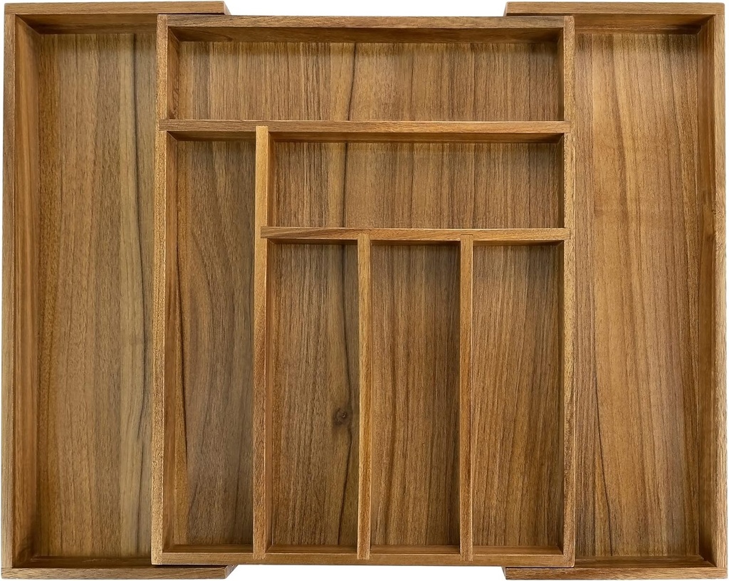 Luxury Acacia Kitchen Drawer Organizer - Silverware Organizer - Utensil Holder and Cutlery Tray with Grooved Drawer Dividers for Flatware and Kitchen Utensils (8 Slot), 17*12.4*2 inch