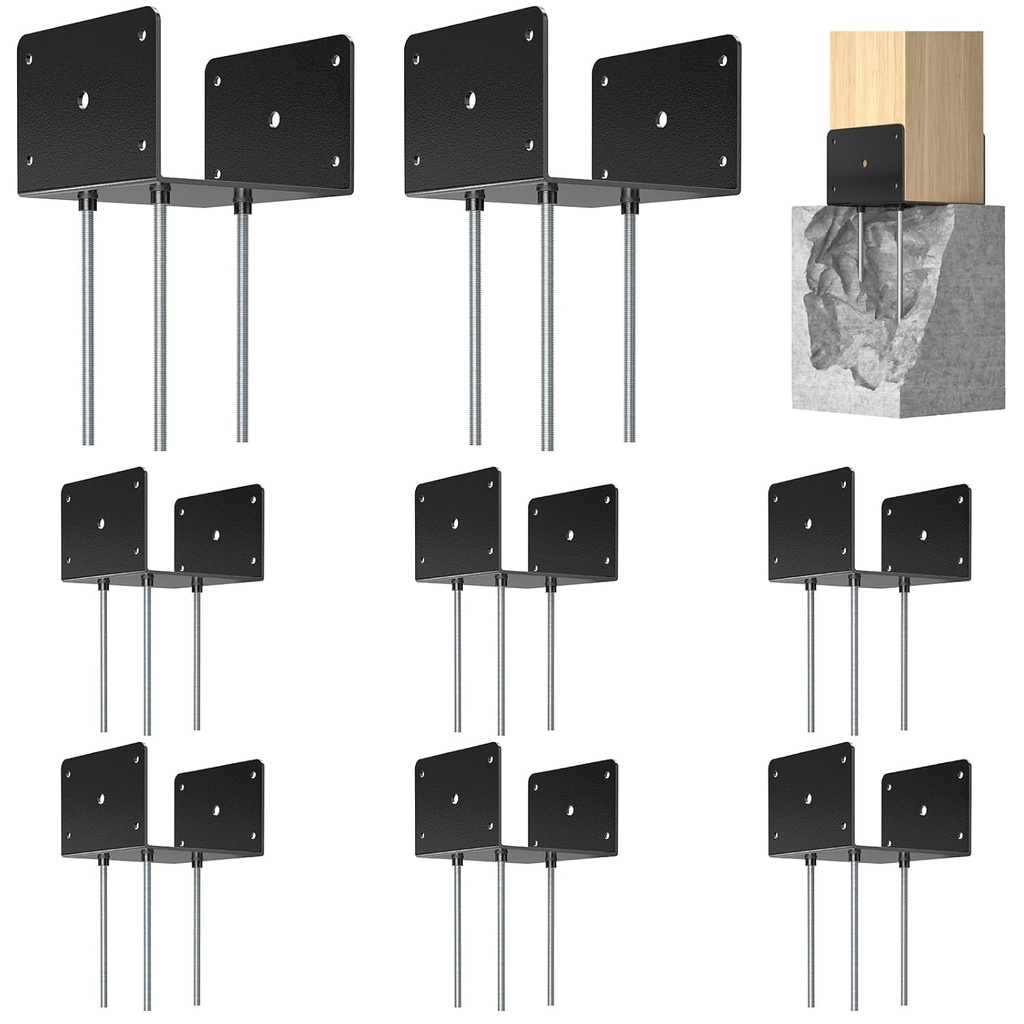 6x6 Concrete Post Base(8 PCS), Deck Post Base Holder Ground Spike for Concrete, Decking Post Brackets with 3 Anchor Rods, Post Base for Pavilion Deck Porch Handrail Railing