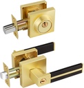 EHOMEWARE 4 Pack Gold Door Knobs with Single Cylinder Deadbolt, Brushed Barss Door Handles Interior, Door Levers Wrapped in Black Leather, Heavy Duty Door Lever in Satin Brass Finish, Left/Right