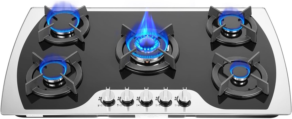 Gas Cooktop, 5 Burners Aluminum Built-in Gas Cooktop with Battery Automatic Pulse Ignition, Tempered Glass Surface, Countertop Stove with Independent Switch Control for Kitchen