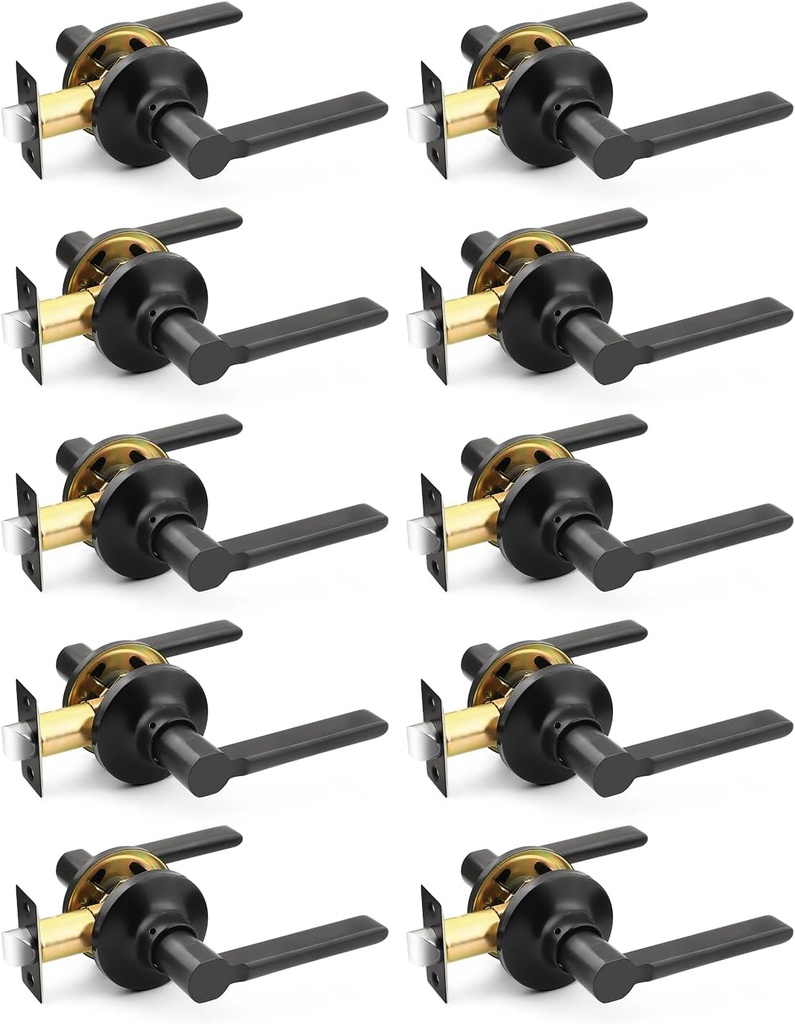Mengico 10 Pack Matte Black Interior Door Knob, Heavy Duty Passage Lever Door Handle for Closet Hallway,Modern Square No Lock Lever Door Handles