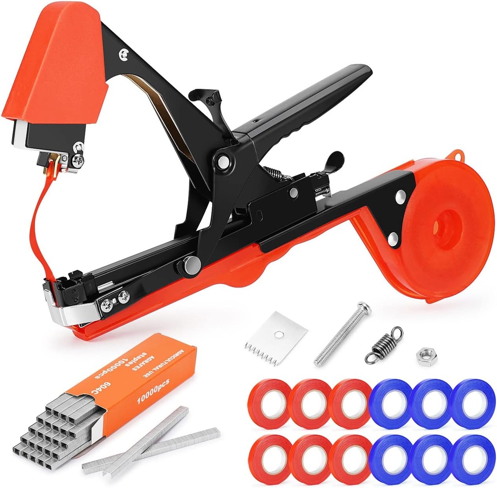 Plant Tying Machine, Garden Tapetool Tapener Gun with 12 Rolls of Tape, 1 Box Staples and 1 Replacement Blade for Vegetables, Grape, Tomato, Cucumber, Pepper and Flower Planting (Red)